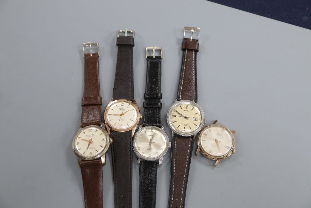 A gentlemans stainless steel Farisa Super Automatic wrist watch and four other gentlemans wrist watches.